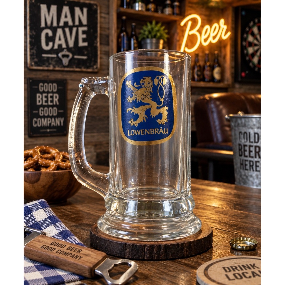 Vintage Lowenbrau Beer Mug Glass Stein Blue Gold Lion Logo German Breweriana